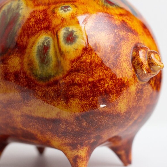 Vintage Handcrafted Ceramic Piggy Bank With Handle and Abstract Glaze Design - Picture 5 of 11
